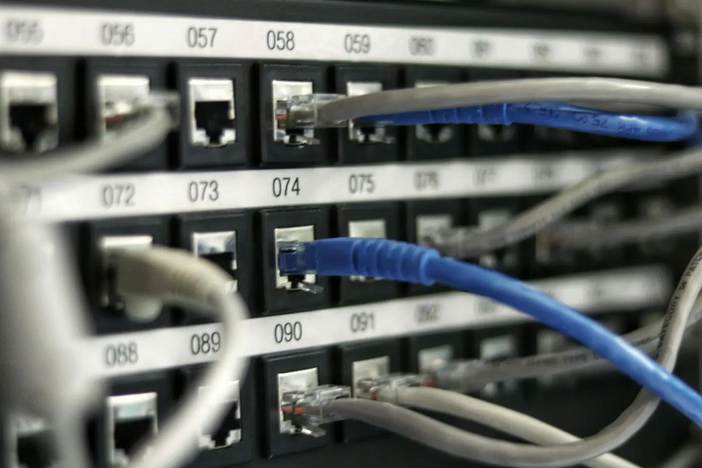 Network rack with patch panel, labelled cabling and managed switches installed
